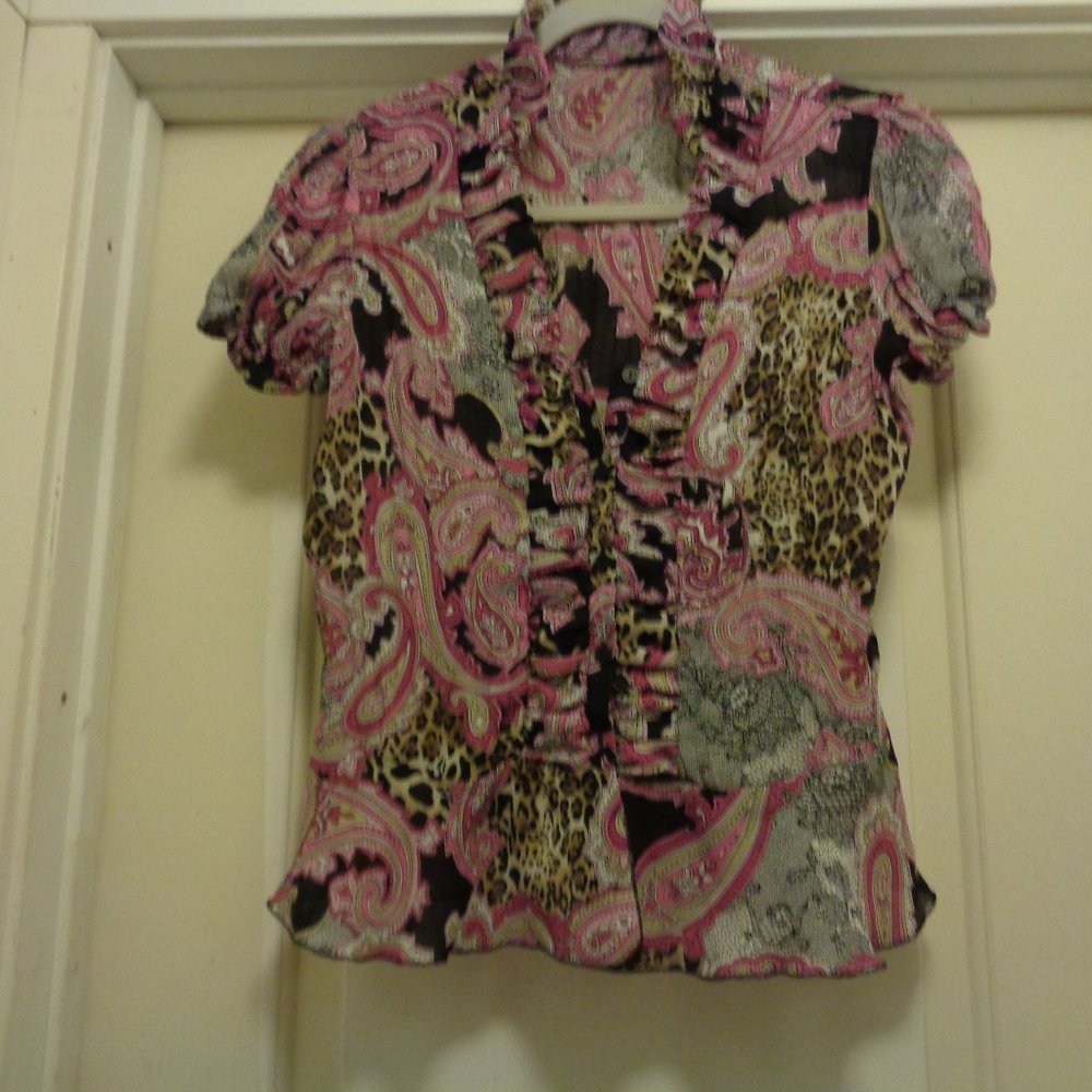 WHITE LOTUS STYLE JUNGLE CHEETAH FLORALS BOHO ROMANCE BLOUSE L